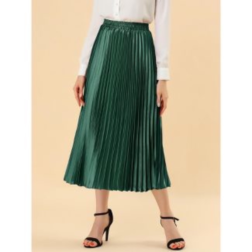 NWT-Allegra K Basic Metallic A Line Elastic Waist Pleated Midi Skirt- Sz Medium